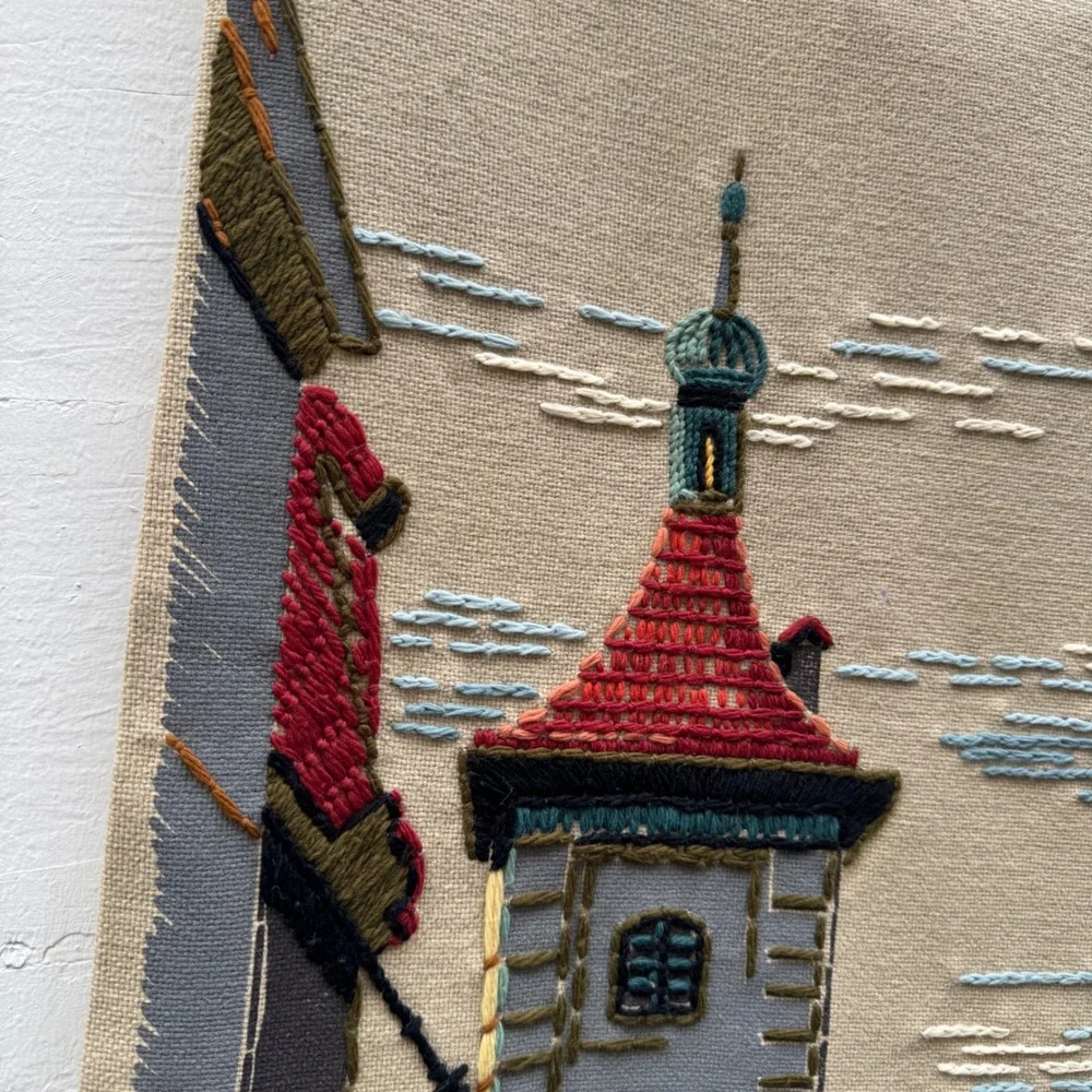 Vintage 1970s West Germany Wall Hanging Tapestry Linen Embroidered Village Paint